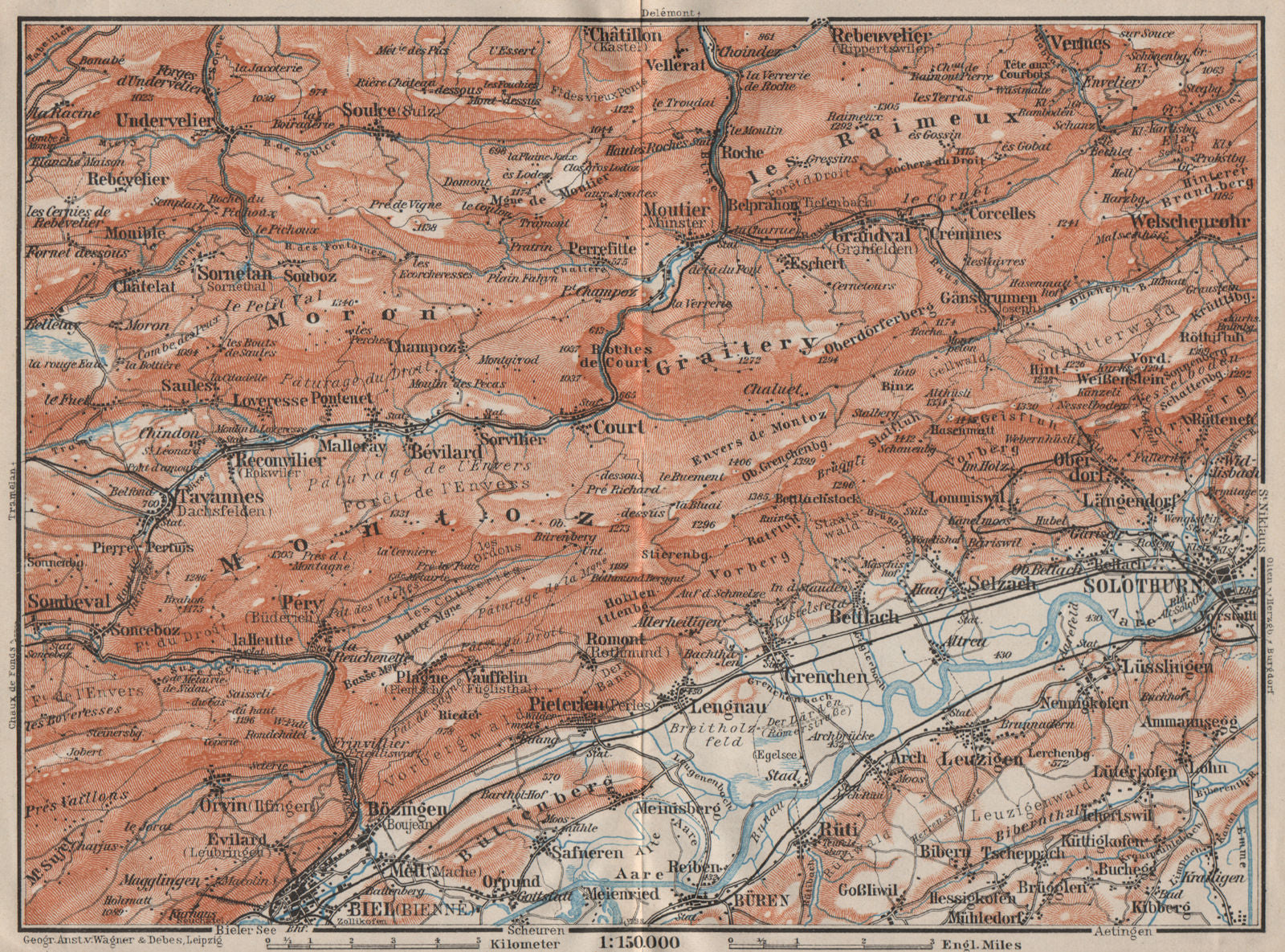 BERNESE JURA. Solothurn Biel/Bienne Rebeuvelier Tavannes. Topo-map 1909